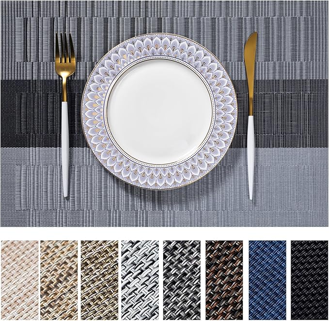 LEXMORE Placemats Set of 8 Vinyl/Plastic Woven Place Mats for Kitchen Table Indoor/Outdoor Washable Placemat Wipeable Dining Table Mats(Silver Gray Black)
