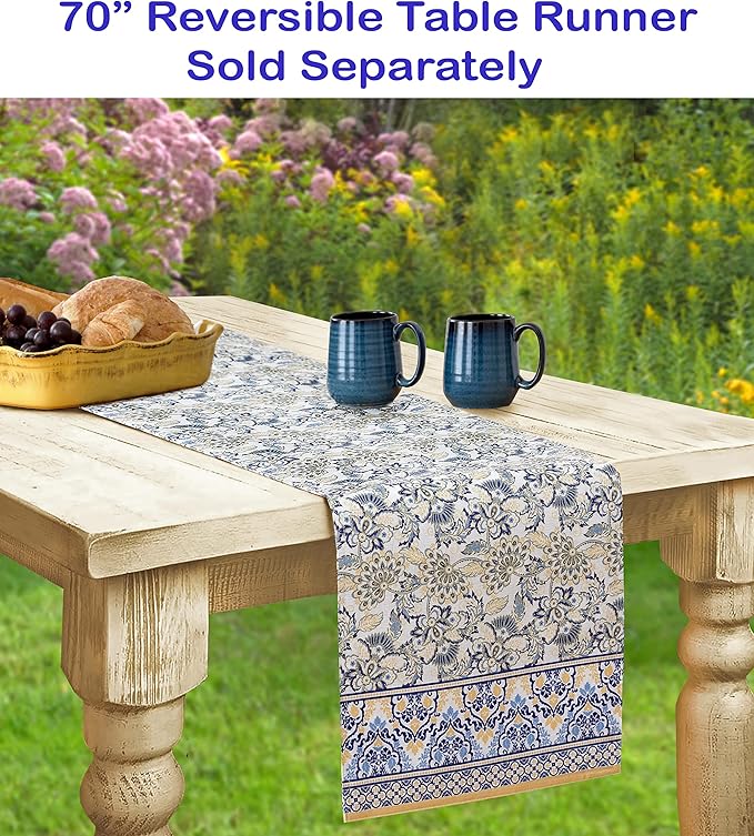 Home Bargains Plus Rectangle Fabric Tablecloth, 52 x 70 Inch, Allure Yellow and Blue Floral Bordered Print, Indoor Outdoor Stain and Water Resistant Table Cloth, Provence French Country