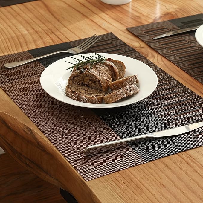 Leetaltree Brown with Black Striped Placemats Set of 12 - Heat Resistant Non-Slip Place mats for Dining Table, Washable Durable PVC Vinyl Woven Table Mats（Brown Stripe, 12）