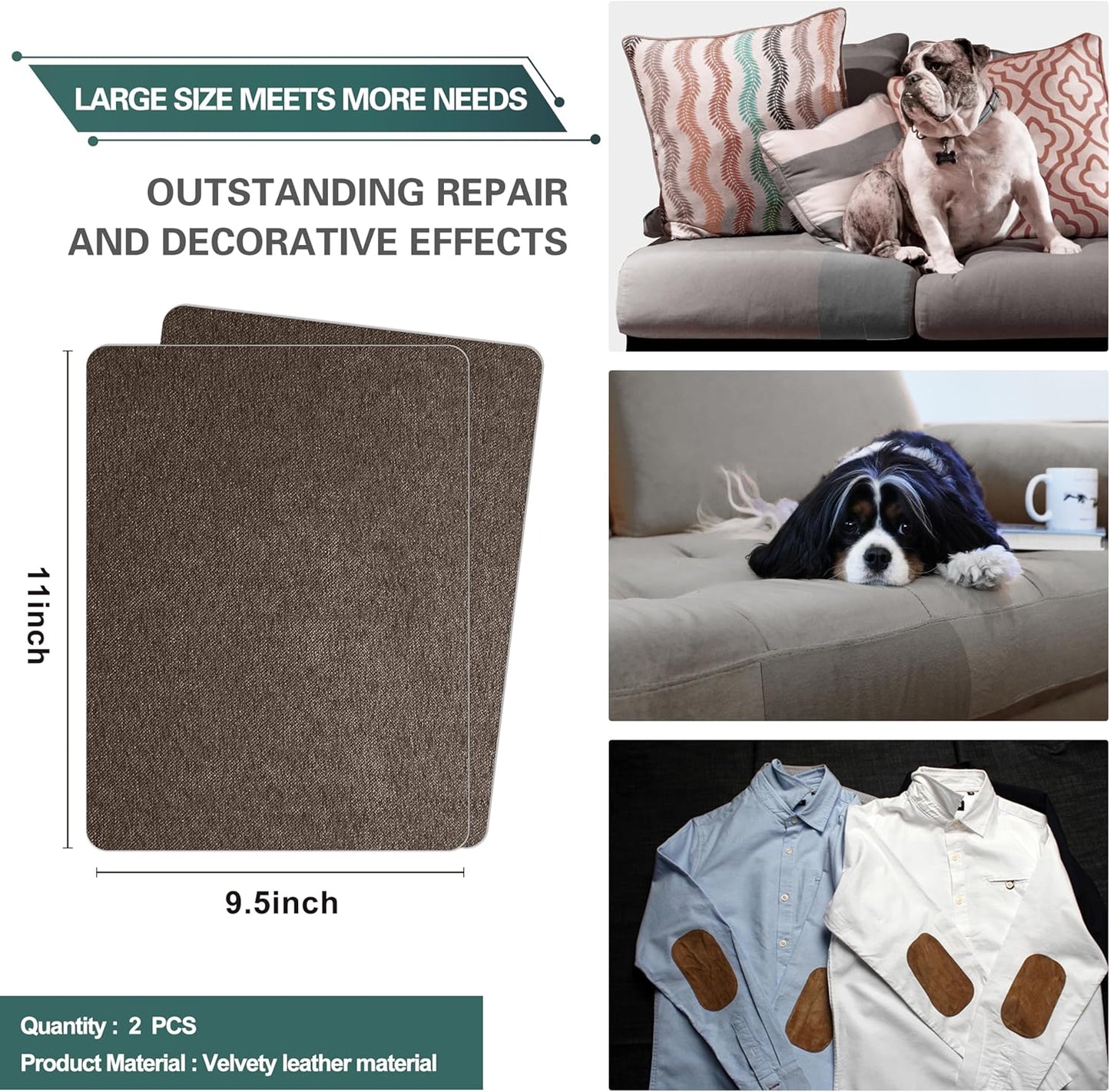 Azobur Couch Patch Repair Fabric,Microfiber Fabric, Self-Adhesive, for Sofa Repair and Upholstery, 2 Pieces, 9.5 x 11 inches (Dark Brown)