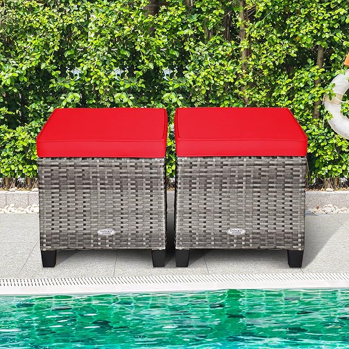 Tangkula 2 Pieces Patio Rattan Ottomans, Outdoor Wicker Footstool Footrest Seat with Soft Cushions and Steel Frame, All-Weather Patio Ottoman Set for Backyard Garden Poolside