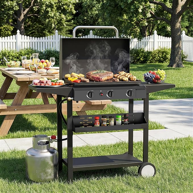 3 Burner BBQ Gas Griddle with Hood, 25.6 Inch Stainless Steel Portable Detachable Propane Griddle, 45,000 BTU Flat Top Barbecue Grill with Side Shelves for Camping