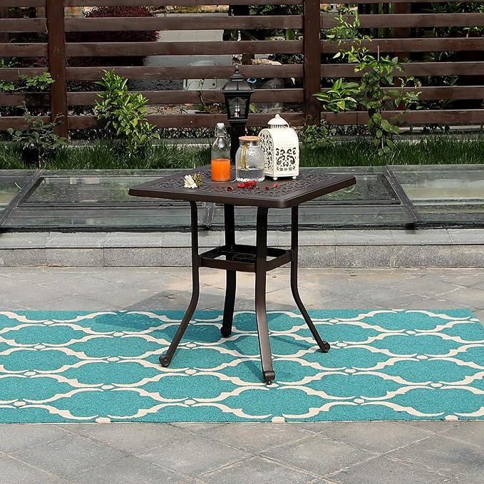 PHI VILLA Cast Aluminum Patio Bistro Dining Table Clearance with 1.97" Umbrella Hole, 27.5" Square Side Dining Table with Frosted Surface for Lawn Garden Yard