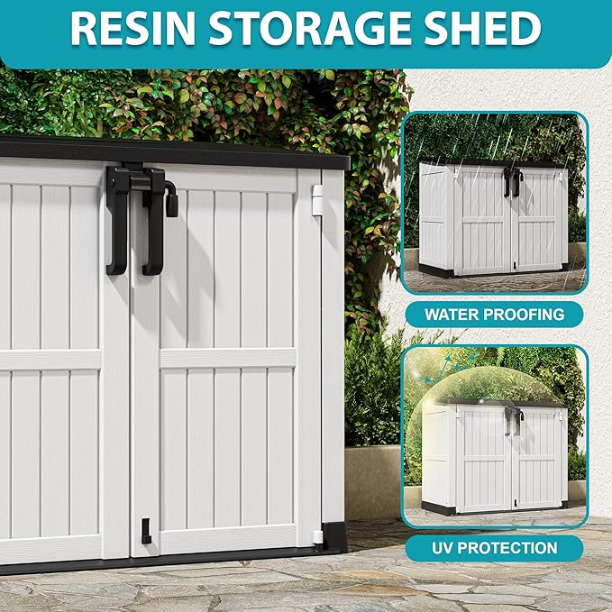 Horizontal Resin Storage Shed 36 Cu Ft with Lockable Doors, Portable Outdoor Storage Cabinet -Waterproof Outdoor Storage Box for Backyards, Easy to Assemble