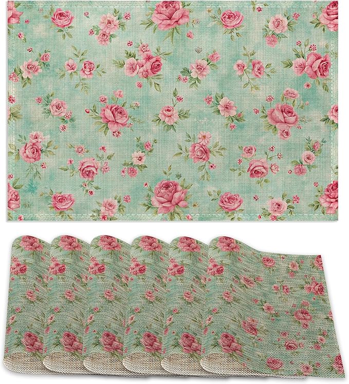 6 Pcs Placemats,Pink Flower Placemat,Vintage Floral Table Mats Washable Recyclable Table Placemats for Indoor Outdoor Heat Resistant Kitchen Dining 12"x18"