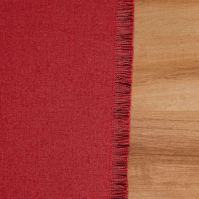 Solino Home Fringe Linen Table Runner 72 Inches Long - 100% Pure Linen Cherry Red Dining Table Runner 14 x 72 Inch for Valentines
