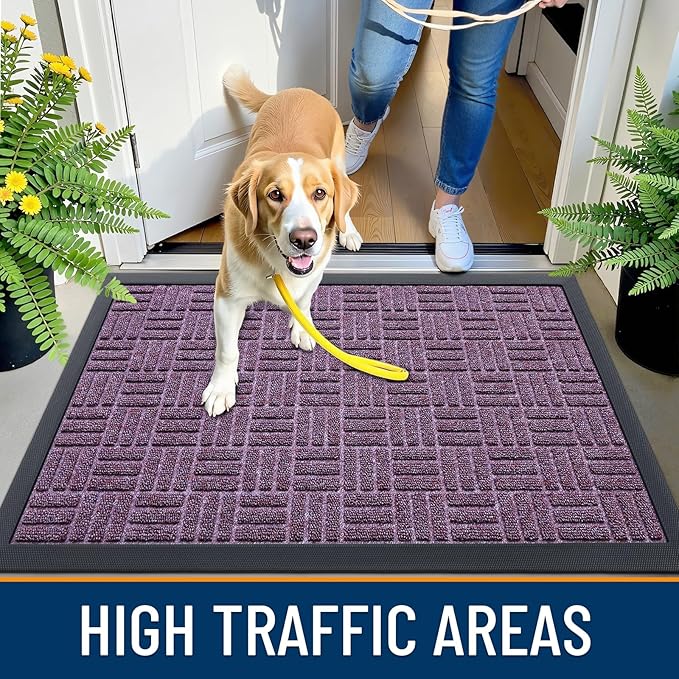 OLANLY Front Door Mat Outside Entrance 59x34, Absorbent, Heavy Duty Sturdy Natural Rubber Doormat Indoor Outdoor, Non-Slip, Stain and Fade Resistant, Low Profile Floor Mat for Entryway, Violet