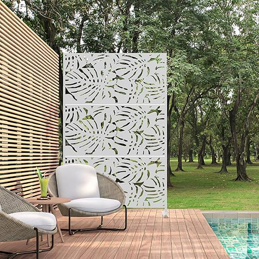 Casaphoria 72" H x 47" W Metal Outdoor Privacy Screen, Freestanding Decorative Divider for Patio, Deck, Balcony, and Garden with Stable Base, White-Summer