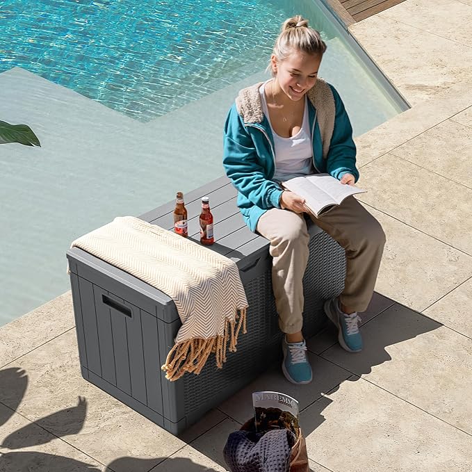 Flamaker Outdoor Storage Box 100 Gallon Waterproof Resin Deck Box Delivery Box with Air Rod Indoor Outdoor Lockable Storage Bench for Patio Cushions, Tools, Pool Accessories (Gray)