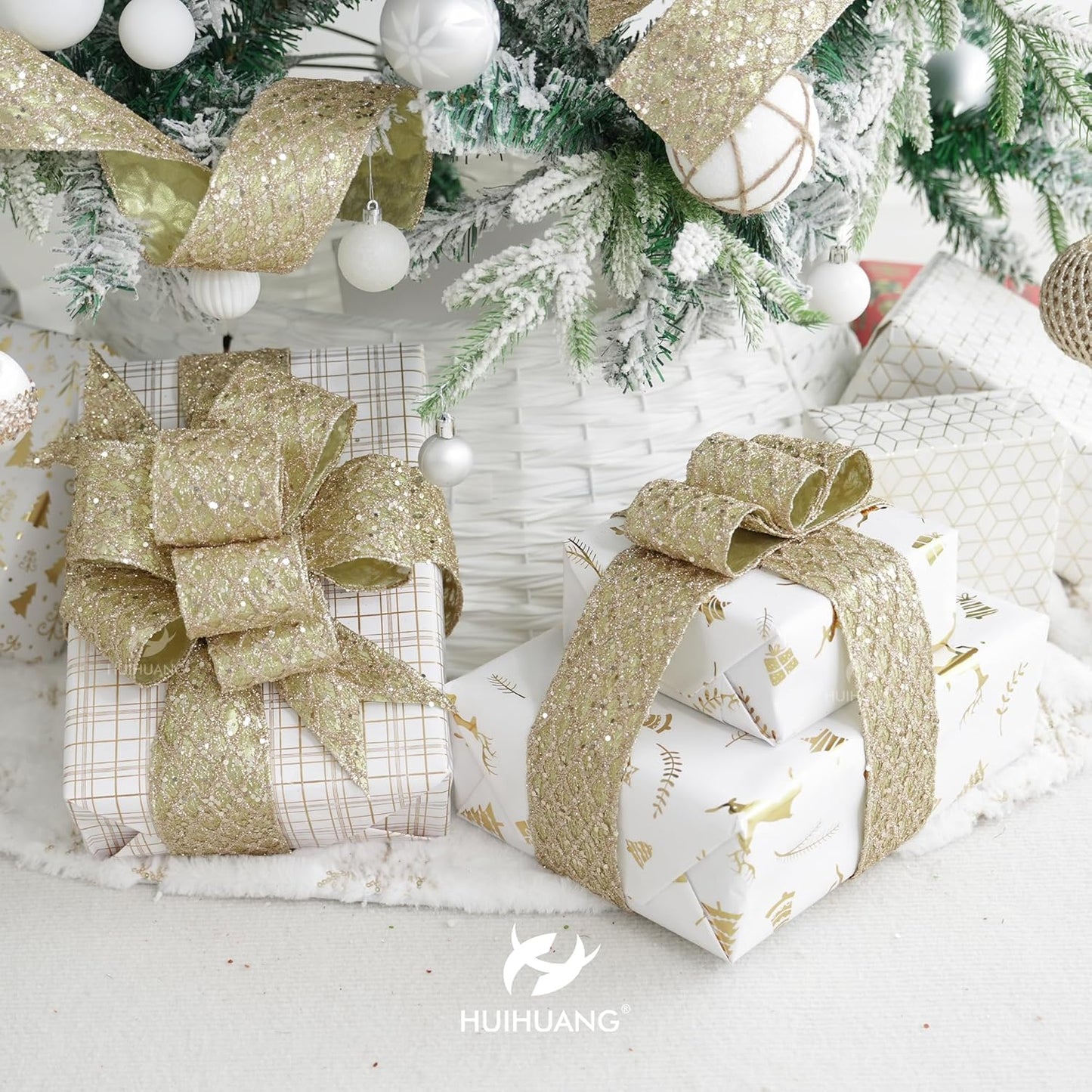 HUIHUANG Champagne Glitter Wired Ribbon for Christmas Tree 2.5 inch Champagne Gold Diamond Mesh Ribbon for Tree Decoration, Wreaths, Garland, Gift Wrapping, Bows Making, Home Decor -10 Yards