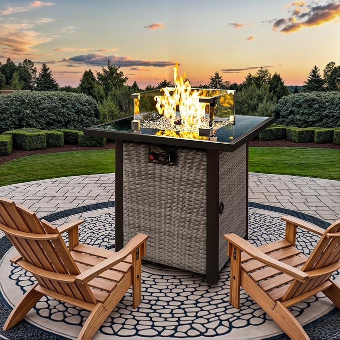 Propane Outdoor Fire Pit Table, 28" Rattan Square Fire Pit Table, Outdoor Gas FirePit With Glass Wind Guard, Tempered Glass Tabletop, Lid, CSA Listed, 50,000 BTU, Outside Patio & Garden, Grayish-White
