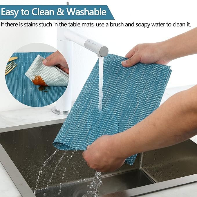 SLKQG Plastic Place mats Set of 4 - Easy Clean Placemats - Washable Heat Resistant Table Mats for Dining Table - 17x12 Inch (Sky Blue Turquoise, 4)