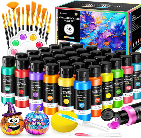 52 PCS Metallic Acrylic Paint Set with 12 Brushes, 2 Knives & Palette, 36 Colors (2oz/60ml) Art Craft Paint for Adults Kids Artists Beginners, Halloween Pumpkin Canvas Ceramic Rock Painting Kit