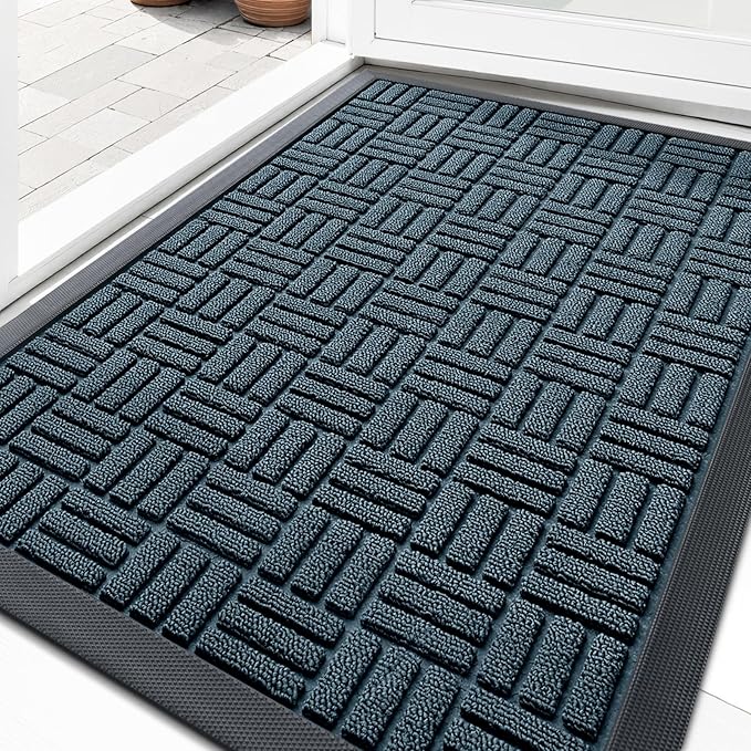 OLANLY Front Door Mat Outside Entrance 29.5x17, Absorbent, Heavy Duty Sturdy Natural Rubber Doormat Indoor Outdoor, Non-Slip, Stain and Fade Resistant, Low Profile Floor Mat for Entryway, Lake Blue