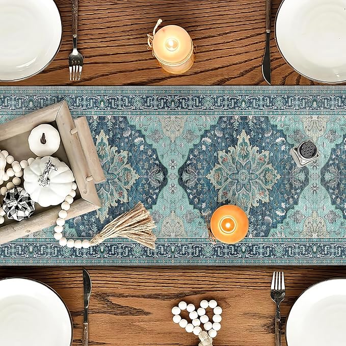 OYIMUA Boho Floral Pattern Summer Table Runner 90 Inches Long Teal and Blue Runners for Tables Rustic Spring Fall Decorations for Home Indoor and Outdoor Party Decor