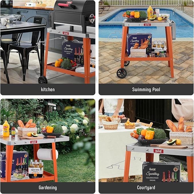 Movable Outdoor Grill Table Cart, Pizza Oven Stand with Wheels, Stainless Steel Countertop with Foldable Extension Table, Versatile Food Prep Grill Cart for Outdoor BBQ Cooking