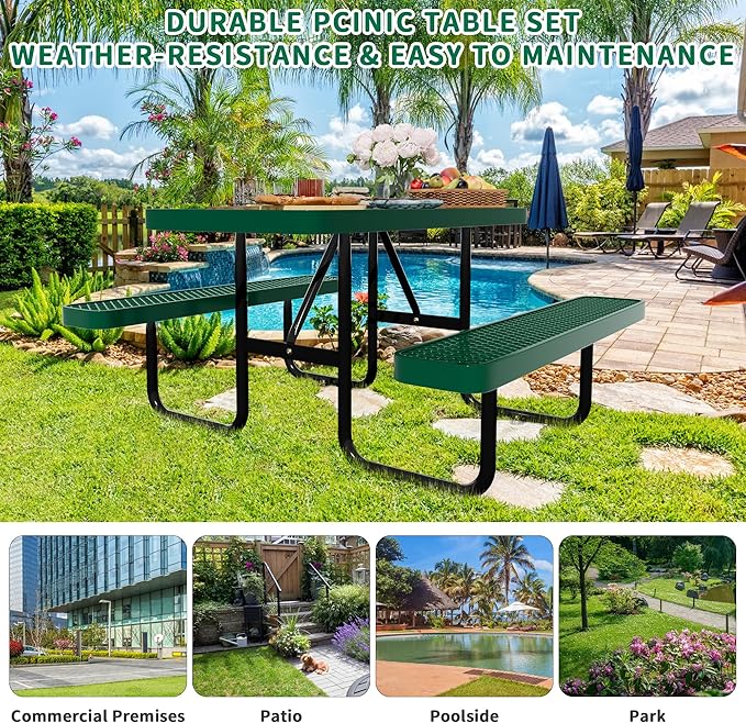 4FT Rectangular Metal Picnic Table for Outdoors, Commercial Steel Metal Picnic Tables, Heavy Duty Sturdy Picnic Tables Furniture Set for Patio Garden Courtyard BBQ, With Umbrella Hole, Green