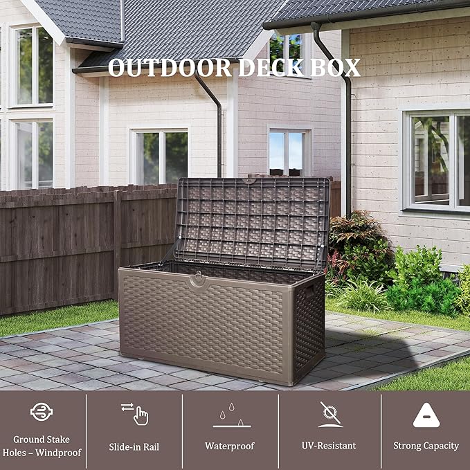 80 Plus Gallon Resin Deck Box, Waterproof Outdoor Storage Box for Patio, Poolside, and Garden, Lockable UV-Resistant Storage Bin Bench Cabinet for Small Spaces, Brown