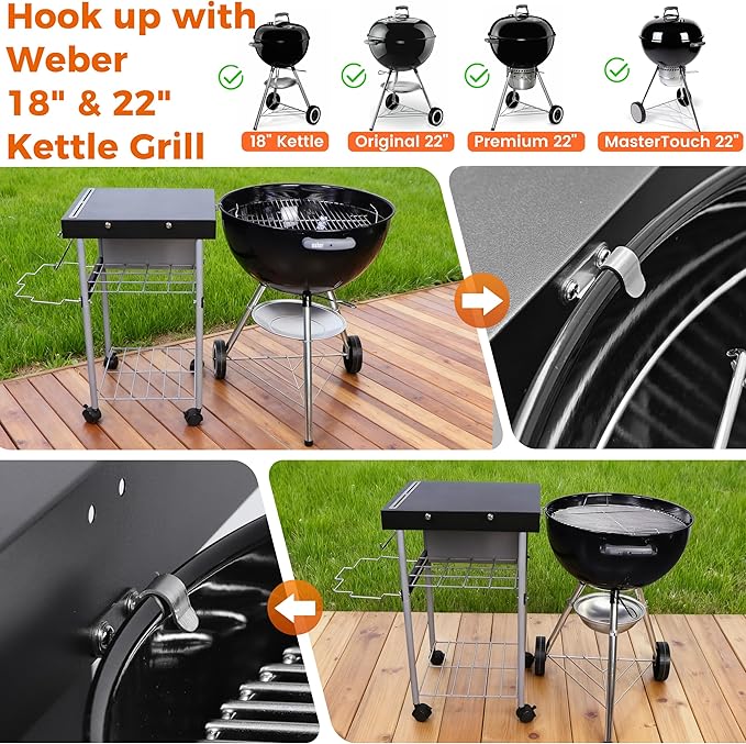 Grill Table Cart for Weber 22 inch Kettle 18in Charcoal Camping Carts for Blackstone 17 inch Griddle Accessories Outdoor Grillling Side Tables Freestanding Barbecue Shelves with Wheels Storage