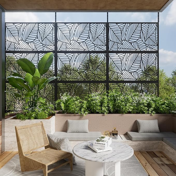 Casaphoria 72" H x 47" W Metal Outdoor Privacy Screen, Freestanding Decorative Divider for Patio, Deck, Balcony, and Garden with Stable Base, Black Leaves