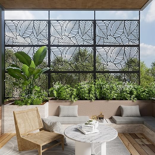 Casaphoria 72" H x 47" W Metal Outdoor Privacy Screen, Freestanding Decorative Divider for Patio, Deck, Balcony, and Garden with Stable Base, Black Bamboo Leaves