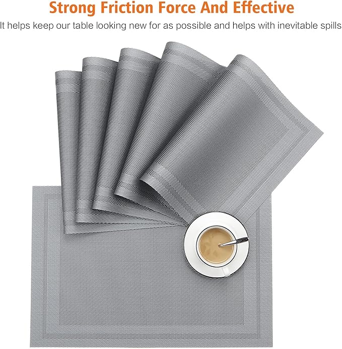 Placemats Set of 6,Washable,Heat and Stain Resistant Indoor/Outdoor Place mats,Vinyl Woven Non Slip Table Mats for Restaurant Table Protection,PVC Placemats(Gray,6PCS)