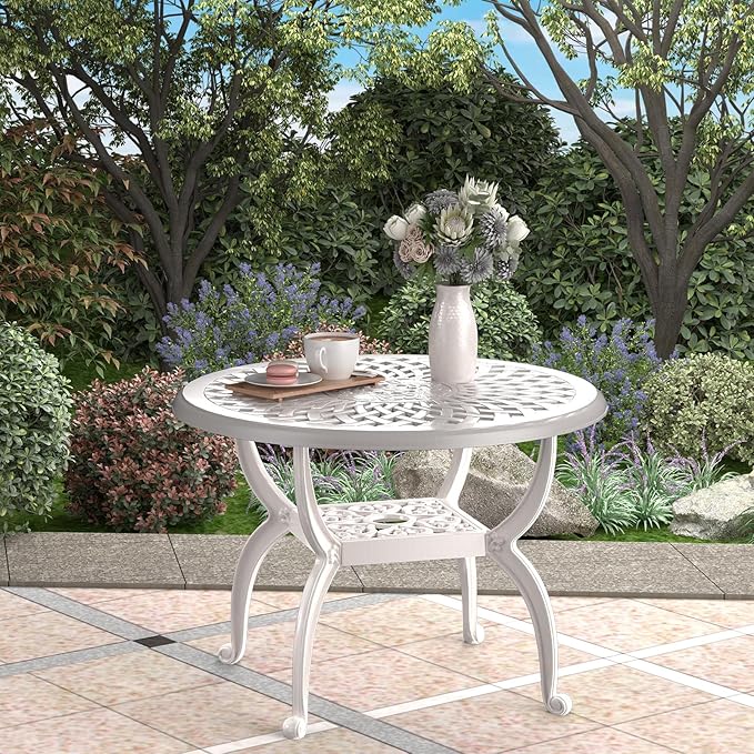 Cast Aluminum Outdoor Side Table, All Weather Round Bistro Table, Outdoor Coffee Table, Small End Table for Patio, Indoor, Lawn, Garden, White
