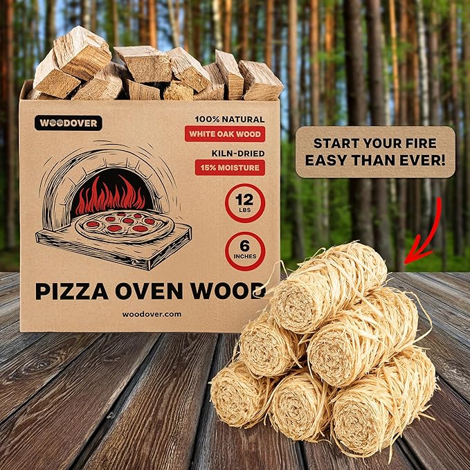 Pizza Oven Wood with Fire Starters - Fast-Lighting, Low Smoke 12 lbs White Oak Kiln-Dried 6 Inch Logs for Ooni, Gozney & Solo Stove, Clean-Burning Firewood for Wood-Fired Pizza - Approx 800 cub.in.