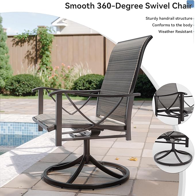 Kurapika 7-Piece Patio Dining Set, Patio Furniture Set for 6, Outdoor Large Metal Table with Umbrella Hole and Textilene Swivel/Rocking Chairs, for Garden, Deck, Porch, Pool All Weather, Brown