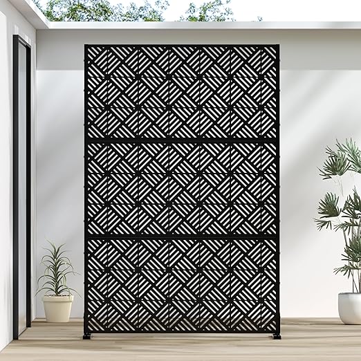Casaphoria Metal Privacy Screen Outdoor, 72" H x 47" W Freestanding Decorative Privacy Screen for Patio Deck Balcony Garden with Stable Base, Black-Cecil