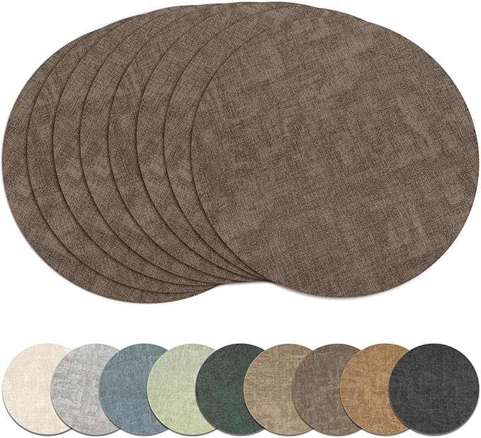 13" Round Placemats Set of 8, Reversible Faux Leather Heat Resistant Table Mats, Waterproof Oilproof Wipeable Table Protective Placemats for Vinyl, Washable for Indoor & Outdoor Use (8, Dark Coffee)