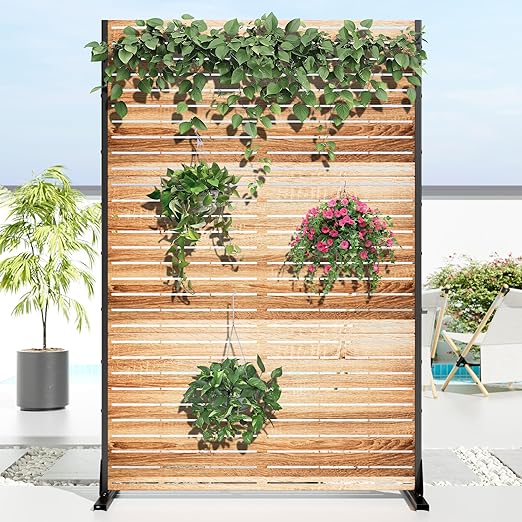 Casaphoria 72" H x 47" W Metal Privacy Screen, Freestanding Outdoor Screen for Deck, Patio & Balcony - Versatile Decorative Privacy Panels for Home & Garden Use (Wood Color)