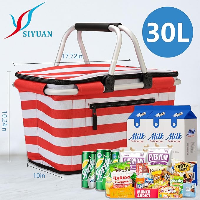 SIYUAN Picnic Basket with Handles 30L Leakproof Insulated Cooler Stripped Grocery Shopping Market Tote for Family Red White