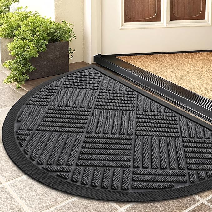 Smiry Half Circle Front Door Mat Outside Entrance,Heavy Duty Outdoor Indoor Natural Rubber Doormat,Non Slip,Trap Dirt and Moisture,Easy Clean,Low Profile Patio Porch Entryway Mat,29.5x17, Light Grey