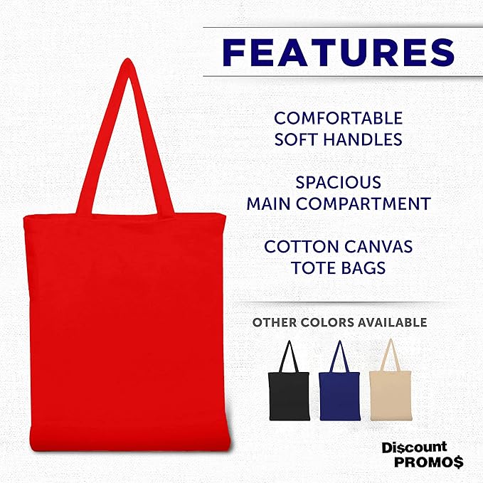 DISCOUNT PROMOS Cotton Canvas Tote Bags Set of 10, Bulk Pack - Reusable, Great for Shopping, Grocery, Beach, Picnic, Wedding Favors - Red