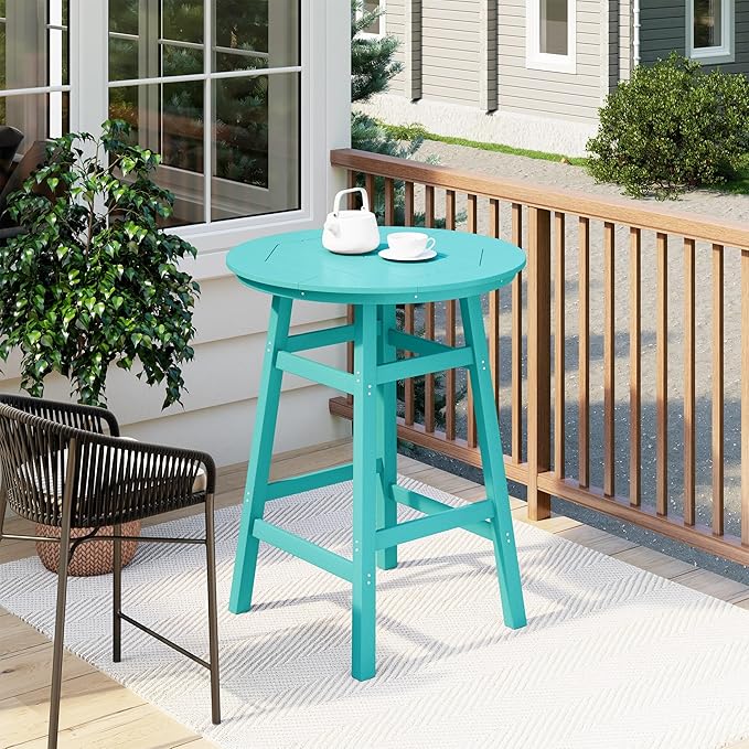 Costaelm Patio Bistro Table, 42" Counter Height Round Patio Cocktail Bar Table with Umbrella Hole, Outdoor Bistro Dining Pub Table for Front Porch Deck Backyard Garden, Turquoise