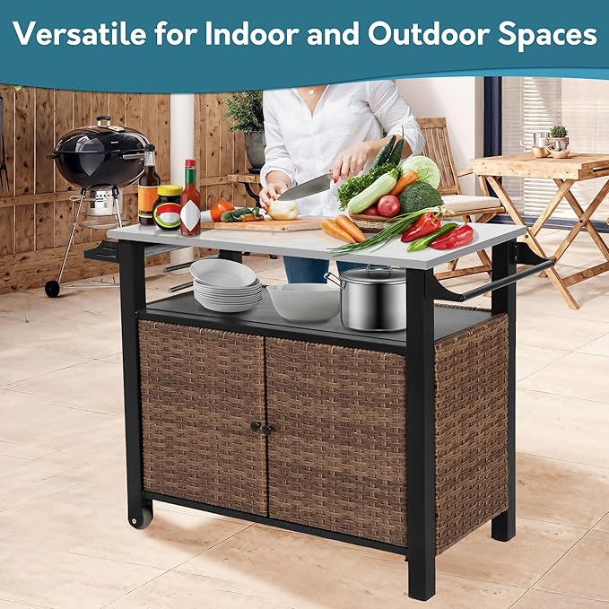 Patio Grill Cart with Wicker Storage, Outdoor Kitchen Island Serving Cart with Stainless Steel Table Top, Outdoor Prep Table and Rolling Wheels, for BBQ, Patio, Brown