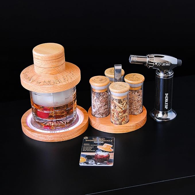 Cocktail Smoker Kit with Bar Stand Smoky Pro with Torch and Selected Wood Chips. All You Need in 1 Set to Smoke Your Whiskey, Bourbon, Scotch, Old Fashioned. A Great Home bar ChristmasGift