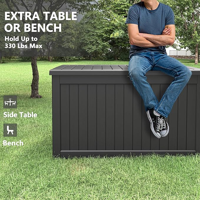 230 Gallon Large Resin deck box Waterproof,Outdoor Storage Bench,Patio Storage Box,Garden Tool Storage,UV-Resistant & All-Weather,Wood-like Striped BLack