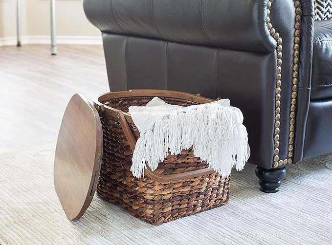 BirdRock Home Seagrass and Abaca Picnic Basket with Wood Lid | Hand Woven | Espresso | Decorative Latch | Wooden Top | Home Décor | Folding Handles