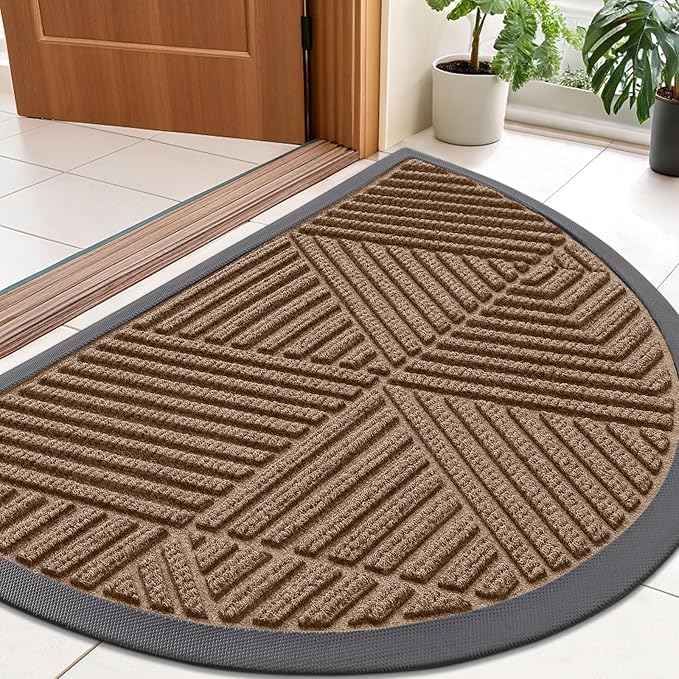 Smiry Half Circle Front Door Mat Outside Entrance, Heavy Duty Sturdy Natural Rubber Doormat, Trap Dirt and Moisture, Low Profile Mats for Indoor Outdoor Entry, Irregular Triangle (36x24, Coffee)