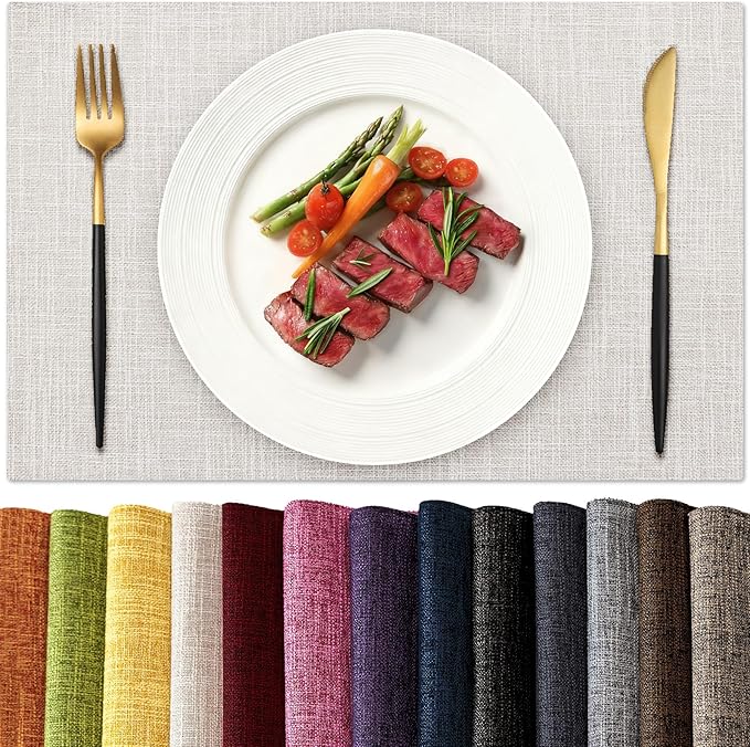 KXN Placemats Set of 8, Dual-Layer Thickened Faux Linen Table Mats, Heat Resistant & Wrinkle-Free, Machine Washable Cloth Place Mats for Kitchen Dining Indoor Outdoor (Cream)