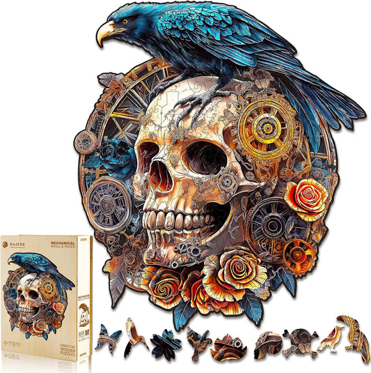 KAAYEE Wooden Puzzles for Adults, 3D Visual Effect Raven & Mechanical Skull Wooden Jigsaw Puzzle Unique Shape Wood Puzzle Adult, 3D Effect Flat Puzzle Birthday Family Games (L-13.4 * 11.9in-240pcs)