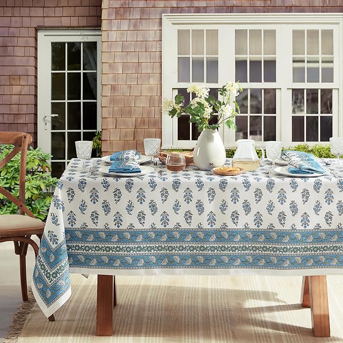Elrene Home Fashions Tropez Paisley Block Print Coastal Stain & Water Resistant Indoor/Outdoor Fabric Rectangle Tablecloth, 60"x144"