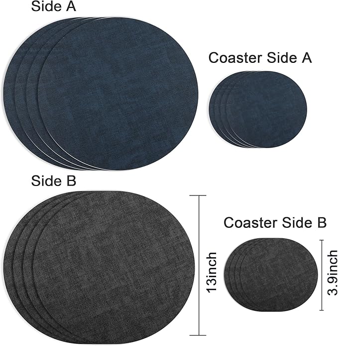 13-Inch Faux Leather Round Placemats Set of 4, Waterproof Anti-Slip Dual Sided Place mats, Heat Resistant Washable Table Mats with Coaster, Suitable for Indoor & Outdoor (4, Black Navy Blue)