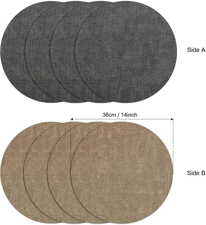 Myir JUN Round Placemats Dual Sided, Faux Leather Place Mats Set of 8 Indoor Placemats for Dining Table Outdoor Non-Slip Washable Table Mats (Set of 8, Gray Beige)