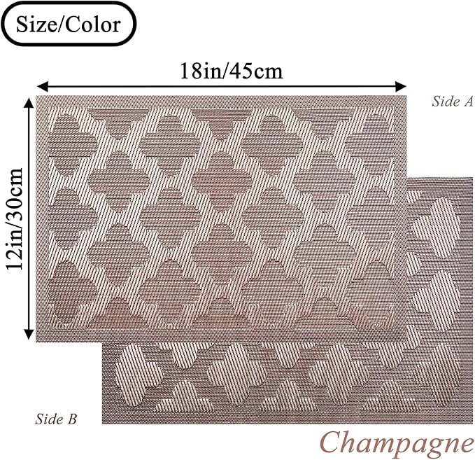 Elegant Placemats Set of 6, Plastic Heat-Resistant Non-Slip Vinyl Place Mats Washable Easy to Clean Placemat for Dining Table (Champagne)