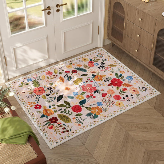 Rugcomf Door Mat Indoor Entrance 2x3 Rug Machine Washable Boho Floral Small Area Rug Non-Slip Low Pile Throw Rugs for Entryway, Kitchen, Front Door Indoor Entrance, Entry, Kids Room (Beige)
