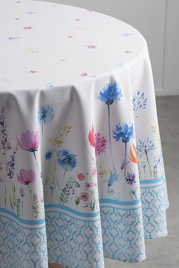 Maison d' Hermine Table Cloth Round Table 100% Cotton 63 Inches Tablecloth Reusable Decorative for Dining Room, Farmhouse, Home, Party, Festive & Wedding Spring Summer - Flower in The Field