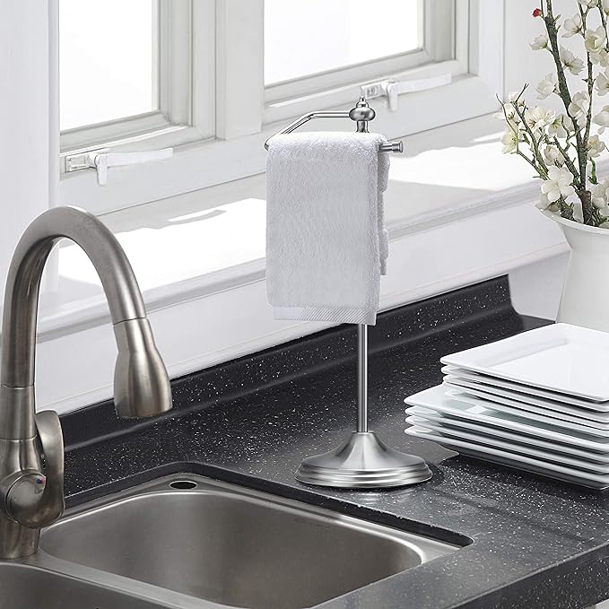 SunnyPoint Heavy Weight Metal Fingertip Towel Holder Stand for Bathroom, Kitchen, Vanity and Countertops; Hanging Bar is 14.2" Height (Satin Nickel, 15.6" x 5.6" x 5.6")-Easy Assembly Required.